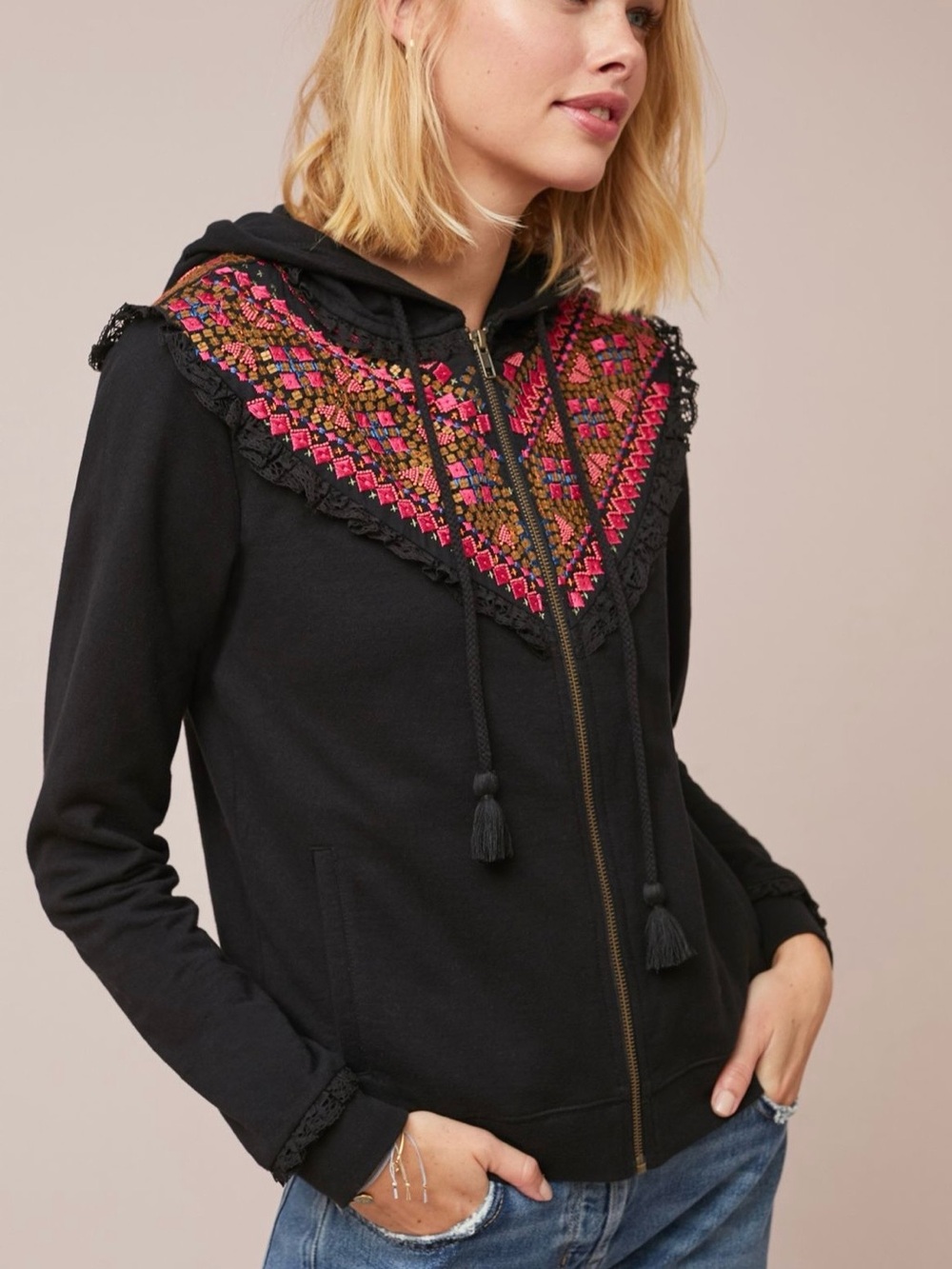 Anthropologie Embroidered Terry Hoodie Beaded Casual Jacket Boho Relaxed Size S